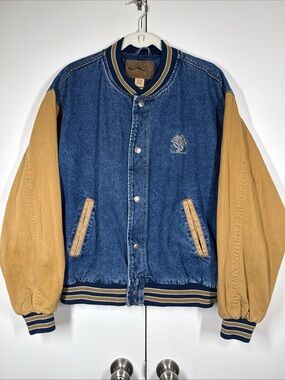 Vintage Port Authority Home Depot  Men's L Blue Beige Denim Varsity Jacket